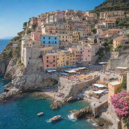 A picturesque coastal town in Italy during summer. Pastel-colored houses stacked neatly on a hill overlooking a sparkling blue sea. Below, a bustling marketplace filled with vibrantly colored fruits, vegetables, and flowers.