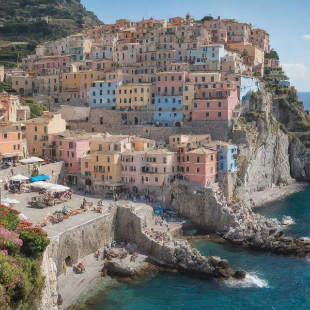 A picturesque coastal town in Italy during summer. Pastel-colored houses stacked neatly on a hill overlooking a sparkling blue sea. Below, a bustling marketplace filled with vibrantly colored fruits, vegetables, and flowers.