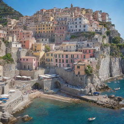 A picturesque coastal town in Italy during summer. Pastel-colored houses stacked neatly on a hill overlooking a sparkling blue sea. Below, a bustling marketplace filled with vibrantly colored fruits, vegetables, and flowers.