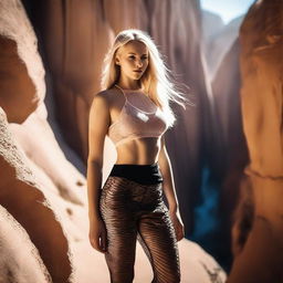 This is a high-resolution photograph showcasing a captivating blonde woman in a canyon