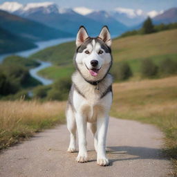 A cute Husky in the middle of an exciting journey, surrounded by varied landscapes