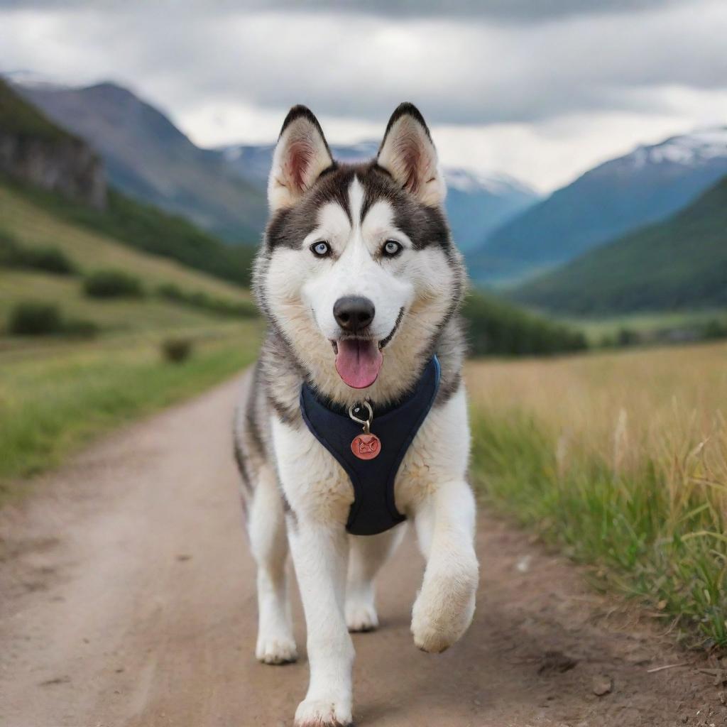 A cute Husky in the middle of an exciting journey, surrounded by varied landscapes