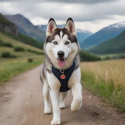 A cute Husky in the middle of an exciting journey, surrounded by varied landscapes