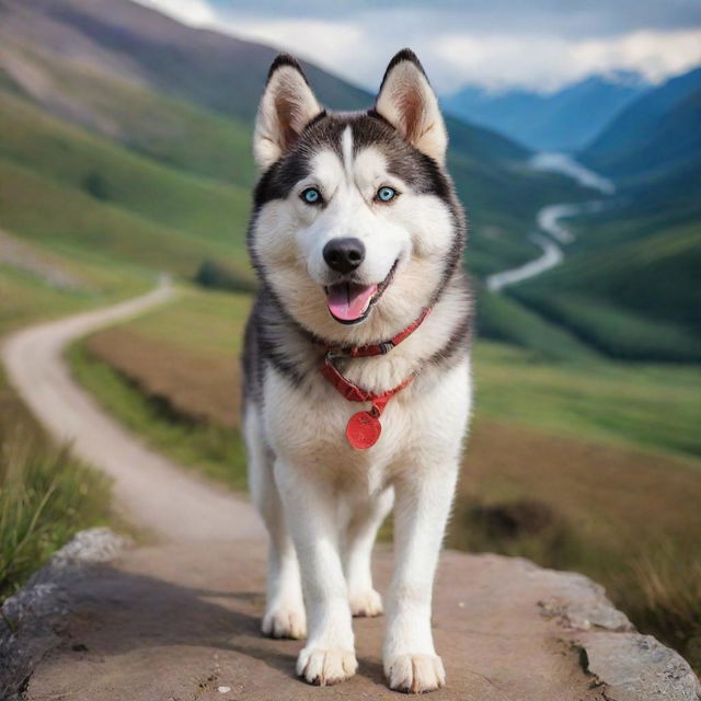 A cute Husky in the middle of an exciting journey, surrounded by varied landscapes