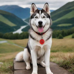 A cute Husky in the middle of an exciting journey, surrounded by varied landscapes