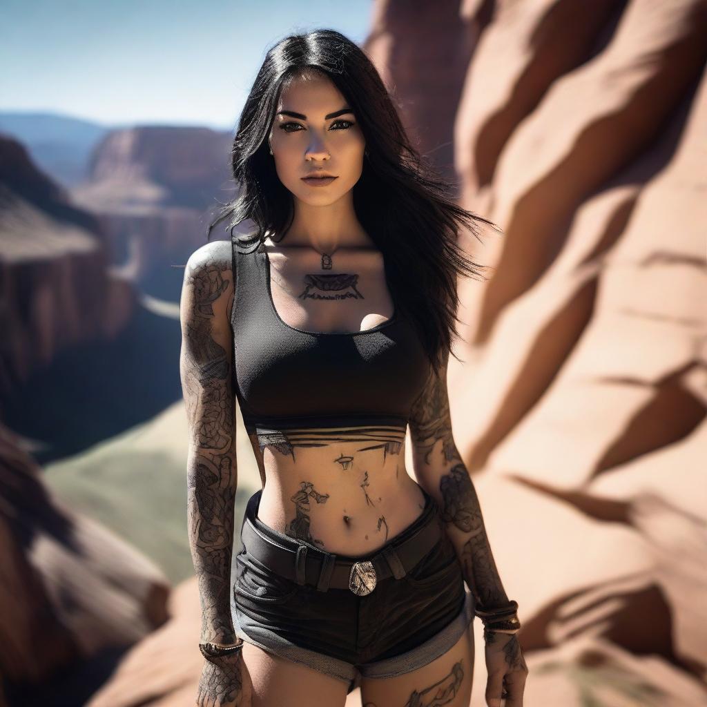 A high-resolution photograph captures a striking black-haired woman in a canyon setting