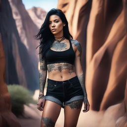 A high-resolution photograph captures a striking black-haired woman in a canyon setting