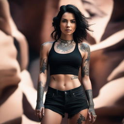 A high-resolution photograph captures a striking black-haired woman in a canyon setting