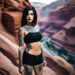 This high-resolution photograph captures a captivating black-haired woman in a striking canyon setting