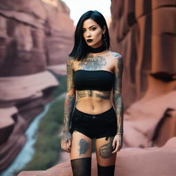 This high-resolution photograph captures a captivating black-haired woman in a striking canyon setting