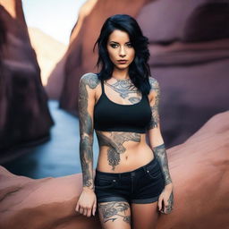 This high-resolution photograph captures a captivating black-haired woman in a striking canyon setting