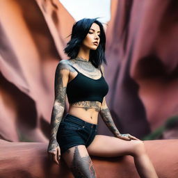 This high-resolution photograph captures a captivating black-haired woman in a striking canyon setting