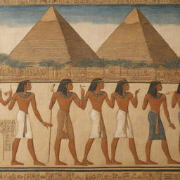 Historical depiction of ancient Egyptians carrying out their daily life. Farmers working in the fields, scribes writing on papyrus, and rulers in ornate attire. The backdrop showcases the breathtaking architecture of pyramids and the Nile River.