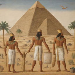 Historical depiction of ancient Egyptians carrying out their daily life. Farmers working in the fields, scribes writing on papyrus, and rulers in ornate attire. The backdrop showcases the breathtaking architecture of pyramids and the Nile River.