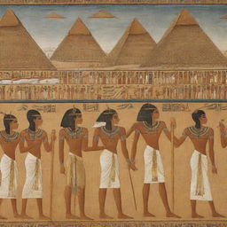 Historical depiction of ancient Egyptians carrying out their daily life. Farmers working in the fields, scribes writing on papyrus, and rulers in ornate attire. The backdrop showcases the breathtaking architecture of pyramids and the Nile River.