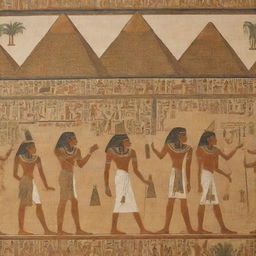 Historical depiction of ancient Egyptians carrying out their daily life. Farmers working in the fields, scribes writing on papyrus, and rulers in ornate attire. The backdrop showcases the breathtaking architecture of pyramids and the Nile River.