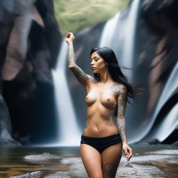 This is a high-resolution photograph of a captivating black-haired woman in a canyon setting, showering under a natural waterfall