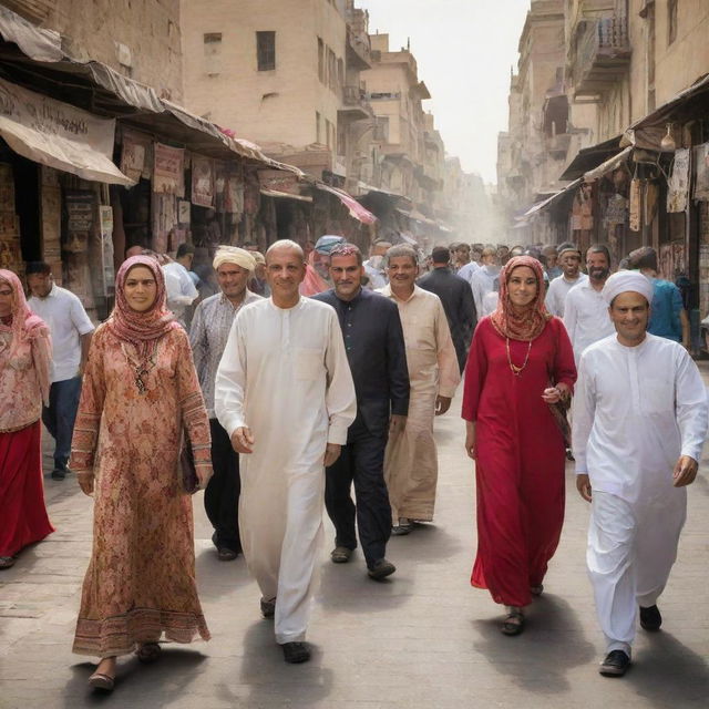 A diverse array of modern Egyptian people in various settings: bustling Cairo streets, spice markets, alongside the Nile, and in front of historical landmarks. Emphasis on their vibrant traditional and contemporary clothing, showcasing the rich Egyptian culture.