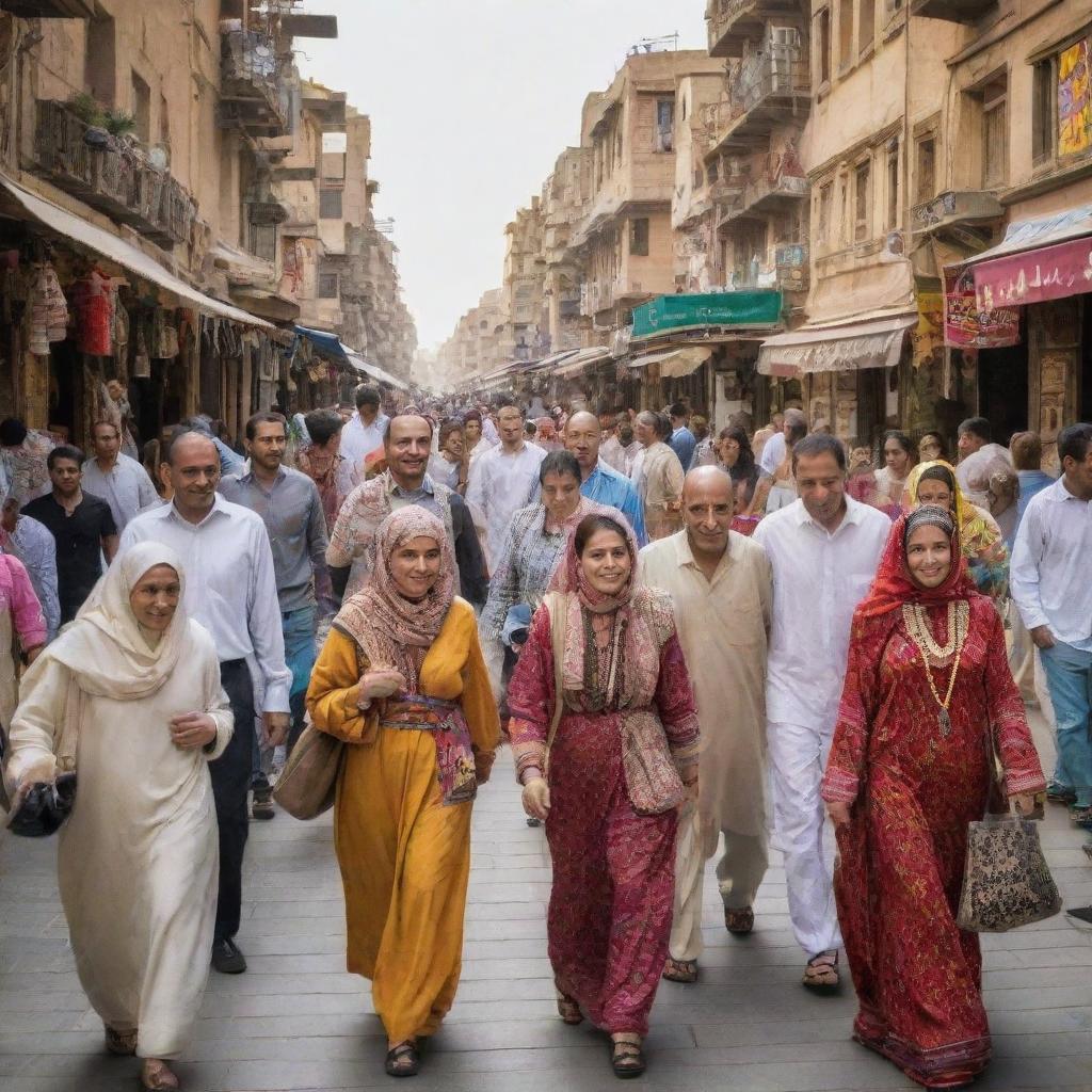 A diverse array of modern Egyptian people in various settings: bustling Cairo streets, spice markets, alongside the Nile, and in front of historical landmarks. Emphasis on their vibrant traditional and contemporary clothing, showcasing the rich Egyptian culture.