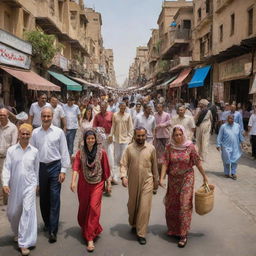 A diverse array of modern Egyptian people in various settings: bustling Cairo streets, spice markets, alongside the Nile, and in front of historical landmarks. Emphasis on their vibrant traditional and contemporary clothing, showcasing the rich Egyptian culture.