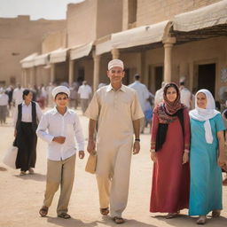 A day in the life of a modern Egyptian citizen, showcasing daily routines, interactions, and environment. Emphasis on urban and natural surroundings, traditional and modern clothing, and engaging activities demonstrating the cultural richness of Egypt.