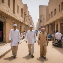 A day in the life of a modern Egyptian citizen, showcasing daily routines, interactions, and environment. Emphasis on urban and natural surroundings, traditional and modern clothing, and engaging activities demonstrating the cultural richness of Egypt.