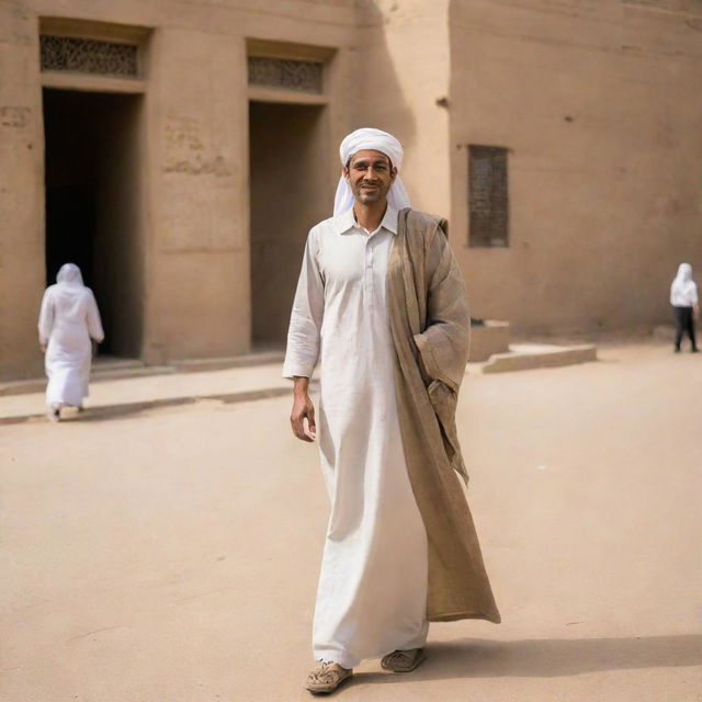 A day in the life of a modern Egyptian citizen, showcasing daily routines, interactions, and environment. Emphasis on urban and natural surroundings, traditional and modern clothing, and engaging activities demonstrating the cultural richness of Egypt.