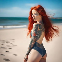 This high-resolution photograph features a tantalizing woman with long, vibrant red hair on a serene beach
