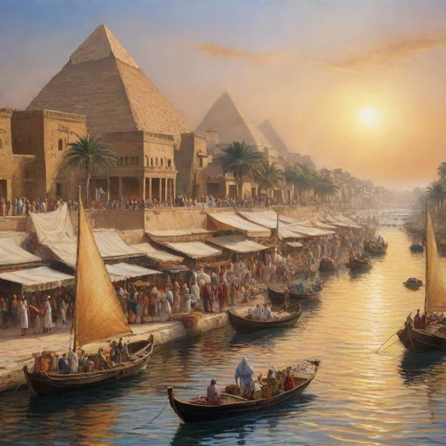 A rich tapestry of Egyptian culture. A bustling bazaar with spices, fruits, and textiles. Iconic towering pyramids beneath a sunset sky, and the River Nile with boatmen navigating its waters. Egyptians in traditional attire indicate the deep cultural roots.