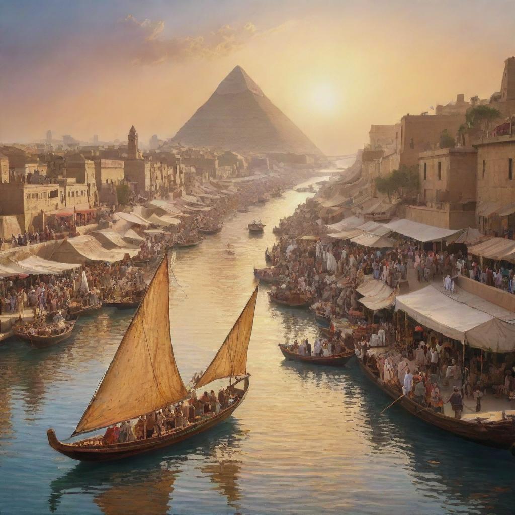 A rich tapestry of Egyptian culture. A bustling bazaar with spices, fruits, and textiles. Iconic towering pyramids beneath a sunset sky, and the River Nile with boatmen navigating its waters. Egyptians in traditional attire indicate the deep cultural roots.