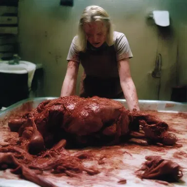 The horror movie featured a gruesome scene with offal scattered all over the set.