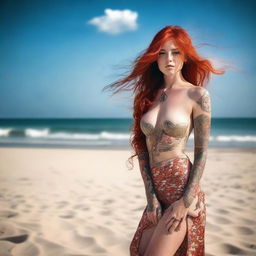 This is a high-quality photograph of an enticing woman with long, fiery red hair on a tranquil beach