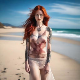 This is a high-quality photograph of an enticing woman with long, fiery red hair on a tranquil beach