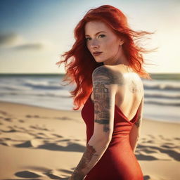 A high-quality, photorealistic image of an attractive red-haired woman in a red dress on a beach