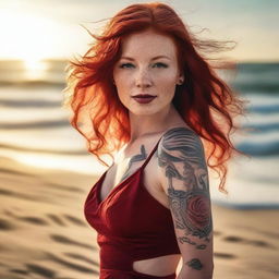 A high-quality, photorealistic image of an attractive red-haired woman in a red dress on a beach
