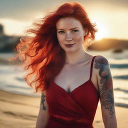 A high-quality, photorealistic image of an attractive red-haired woman in a red dress on a beach
