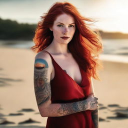 A high-quality, photorealistic image of an attractive red-haired woman in a red dress on a beach