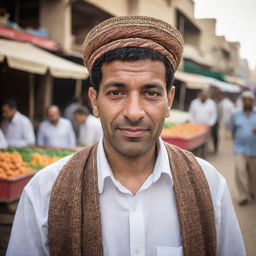 Portrait of an Egyptian man dressed in traditional attire, standing against the backdrop of a bustling local market. His expressive eyes tell a story of the rich cultural heritage and genuine hospitality of Egypt.