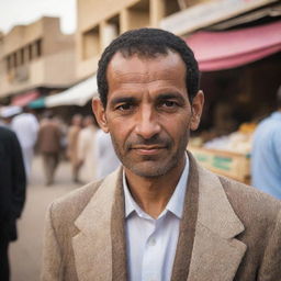 Portrait of an Egyptian man dressed in traditional attire, standing against the backdrop of a bustling local market. His expressive eyes tell a story of the rich cultural heritage and genuine hospitality of Egypt.