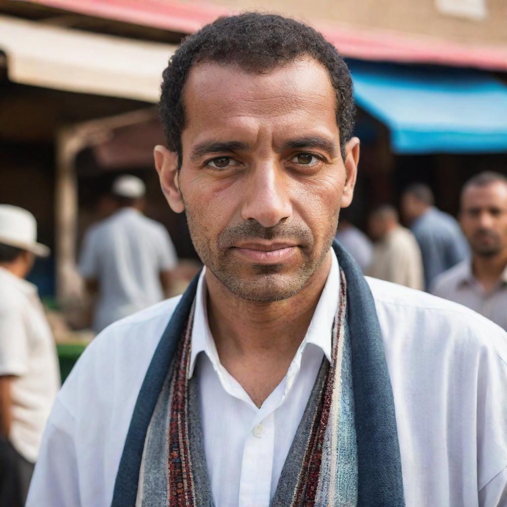 Portrait of an Egyptian man dressed in traditional attire, standing against the backdrop of a bustling local market. His expressive eyes tell a story of the rich cultural heritage and genuine hospitality of Egypt.