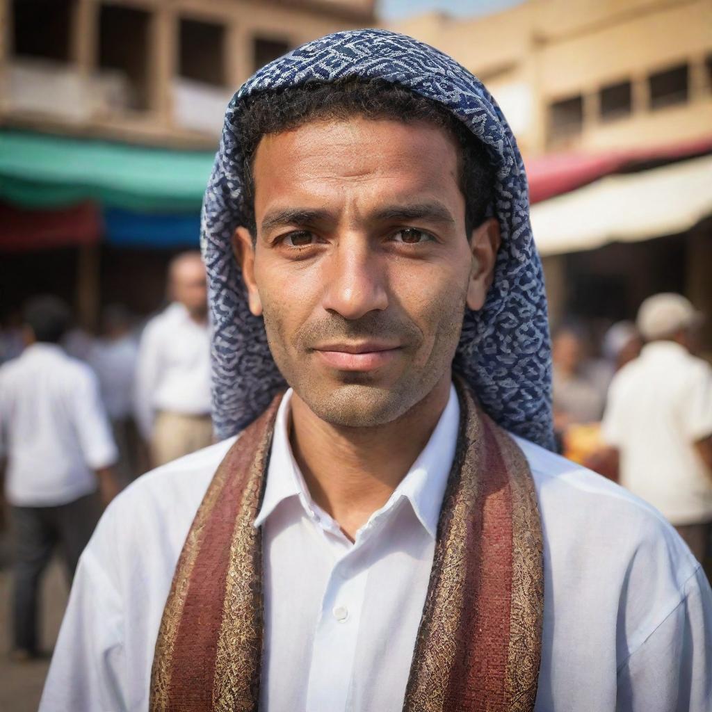 Portrait of an Egyptian man dressed in traditional attire, standing against the backdrop of a bustling local market. His expressive eyes tell a story of the rich cultural heritage and genuine hospitality of Egypt.