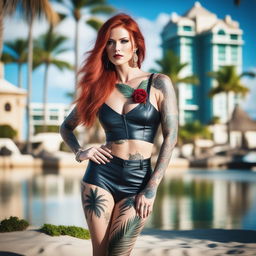 A high-quality photograph of a stunning woman with long, fiery red hair on a beach with palm trees