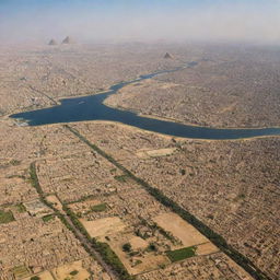 A sweeping panorama of Egypt displaying its diverse landscapes: the sprawling urban landscape of Cairo, lush banks of the Nile River, vast expanse of the Sahara Desert, and the iconic pyramids under the clear sky.