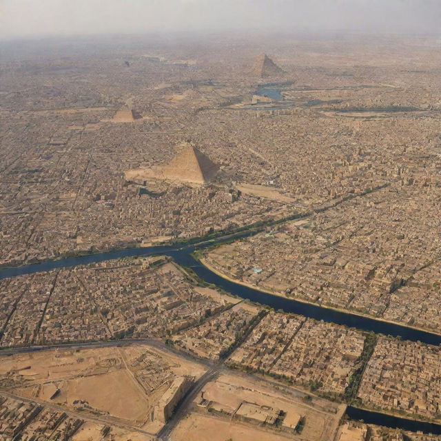 A sweeping panorama of Egypt displaying its diverse landscapes: the sprawling urban landscape of Cairo, lush banks of the Nile River, vast expanse of the Sahara Desert, and the iconic pyramids under the clear sky.