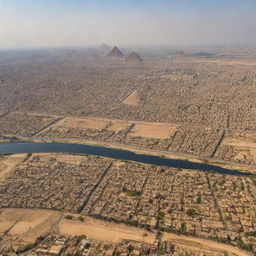 A sweeping panorama of Egypt displaying its diverse landscapes: the sprawling urban landscape of Cairo, lush banks of the Nile River, vast expanse of the Sahara Desert, and the iconic pyramids under the clear sky.