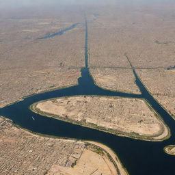 A sweeping panorama of Egypt displaying its diverse landscapes: the sprawling urban landscape of Cairo, lush banks of the Nile River, vast expanse of the Sahara Desert, and the iconic pyramids under the clear sky.