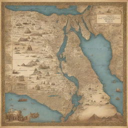 An intricately designed map of Egypt, highlighting its distinct geographic features. The meandering Nile River flowing through, with bustling cities, desert landscapes, and historical landmarks like the pyramids and the Sphinx placed accurately.