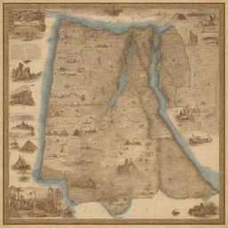 An intricately designed map of Egypt, highlighting its distinct geographic features. The meandering Nile River flowing through, with bustling cities, desert landscapes, and historical landmarks like the pyramids and the Sphinx placed accurately.