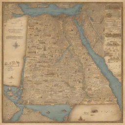 An intricately designed map of Egypt, highlighting its distinct geographic features. The meandering Nile River flowing through, with bustling cities, desert landscapes, and historical landmarks like the pyramids and the Sphinx placed accurately.