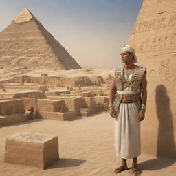 A realistic portrayal of an ancient Egyptian citizen engaging in daily activities. Dressed in traditional clothing, interacting with hieroglyphics, against the backdrop of the Nile river, pyramids, and ancient Egyptian structures.